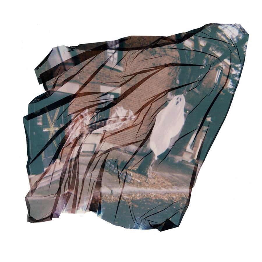 A semi abstracted photograph of a ghost flying in front of a brick apartment building.